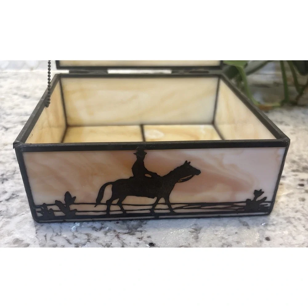 Vintage Western Slag Glass Trinket Jewelry‎ Box Metal Overlay Buckaroo Motif